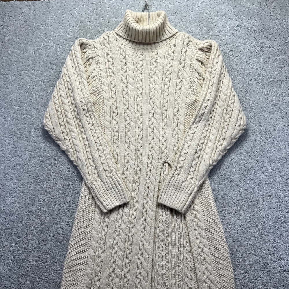 ASTR The Label Mini Dress Womens Large Cream Cable Knit Turtleneck Puff Sleeve